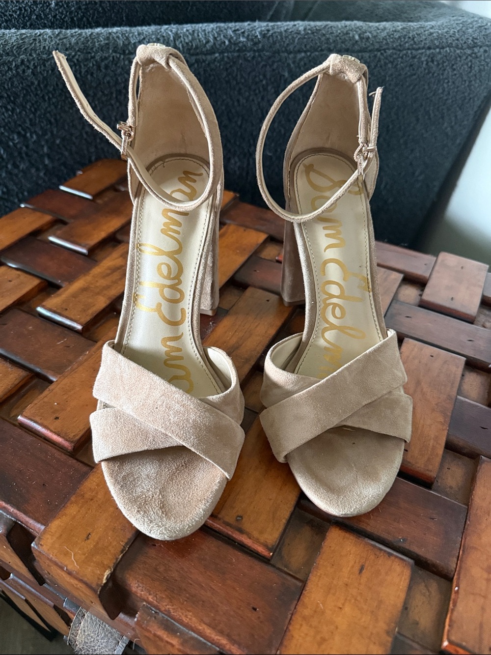 Sam Edelman Taupe Suede Crisscross Ankle Strap Block Heels